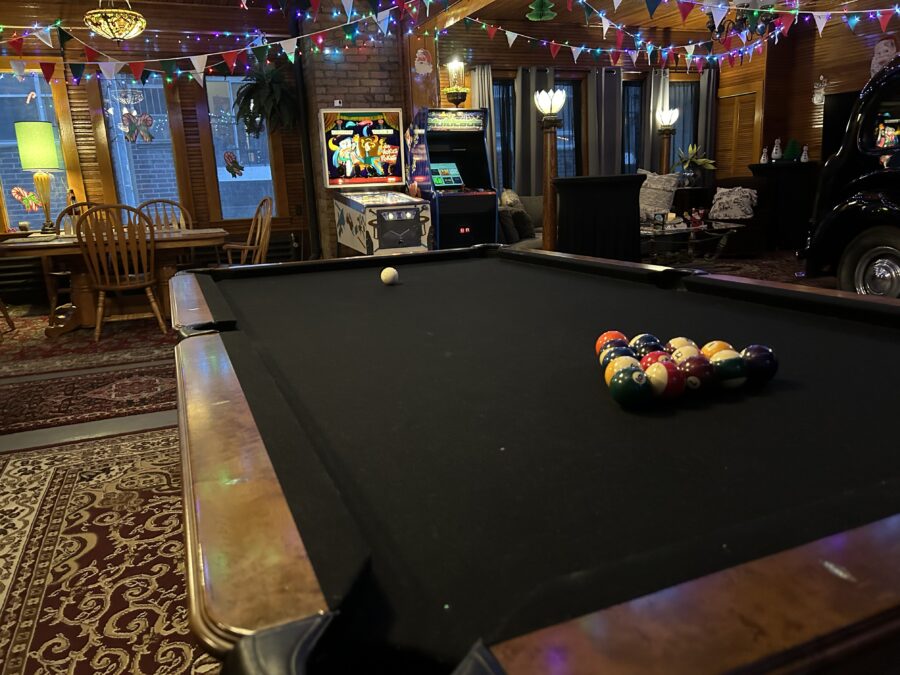Pool table video games and pinball
