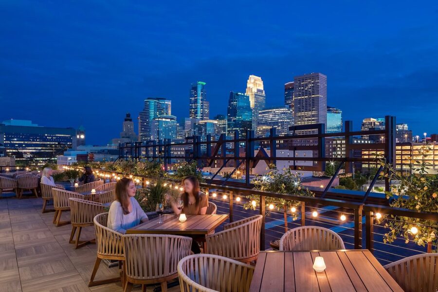 Six floors above the posh and trendy North Loop neighborhood, Hewing's rooftop bar has a stunning view of the city of Minneapolis