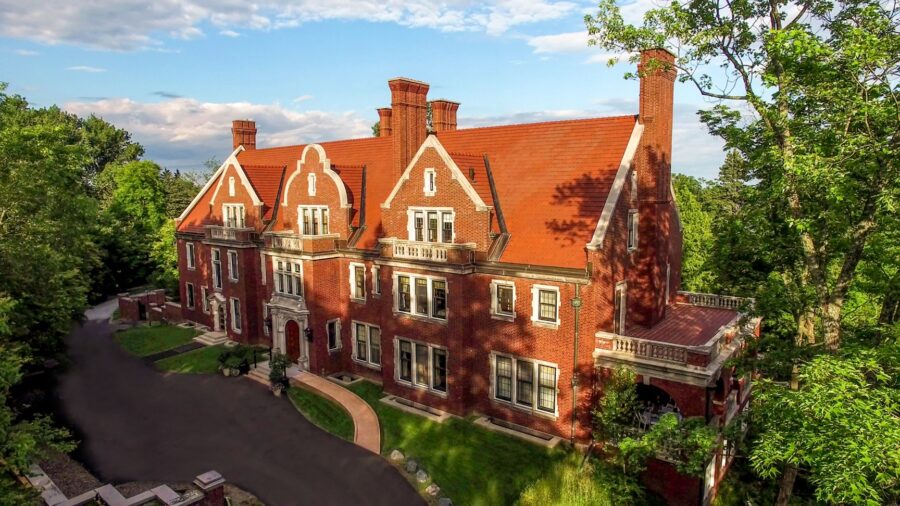 Glensheen Mansion from a drone front of mansion