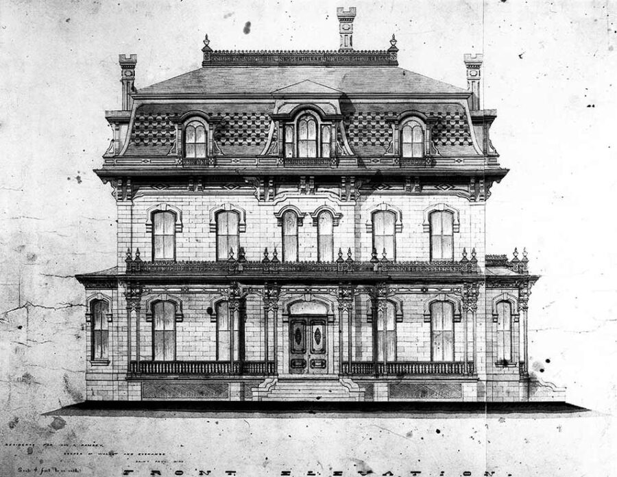 Architectural drawing of the Alexander Ramsey Mansion in Minnesota