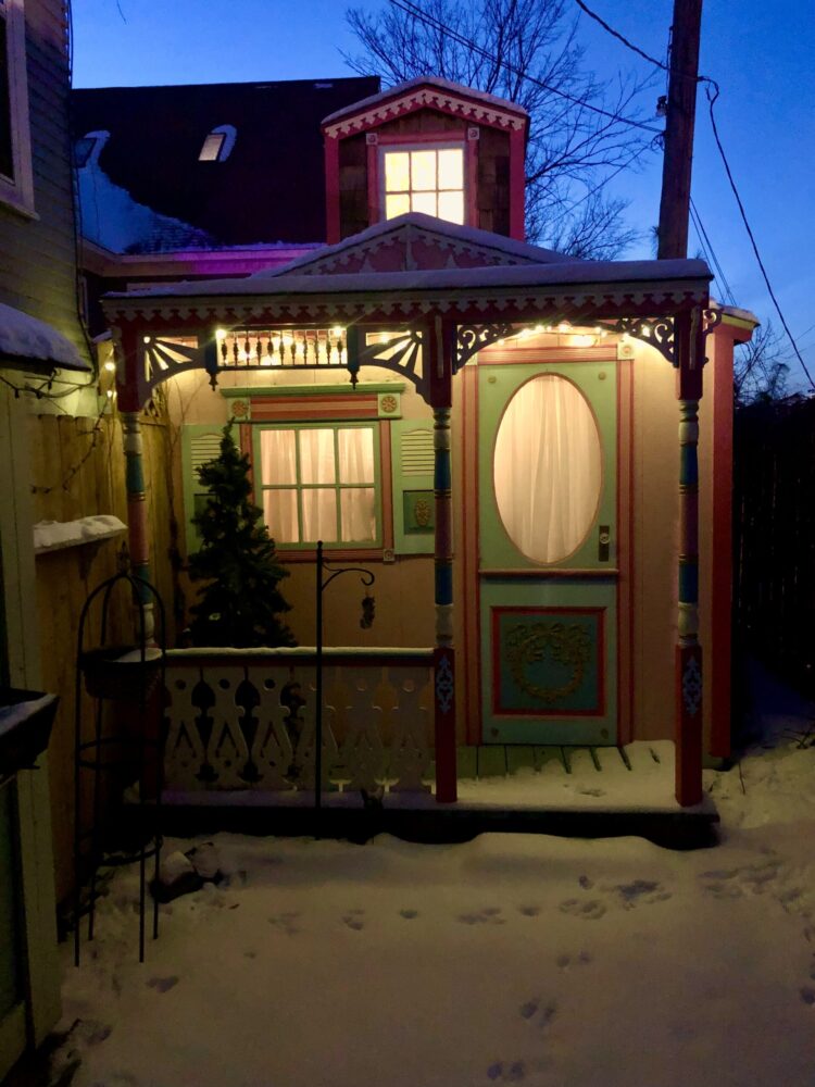 The fairy garden at 300 Clifton glowing at night — a quiet nightcap spot in Loring Park after the final buzzer at Target Center