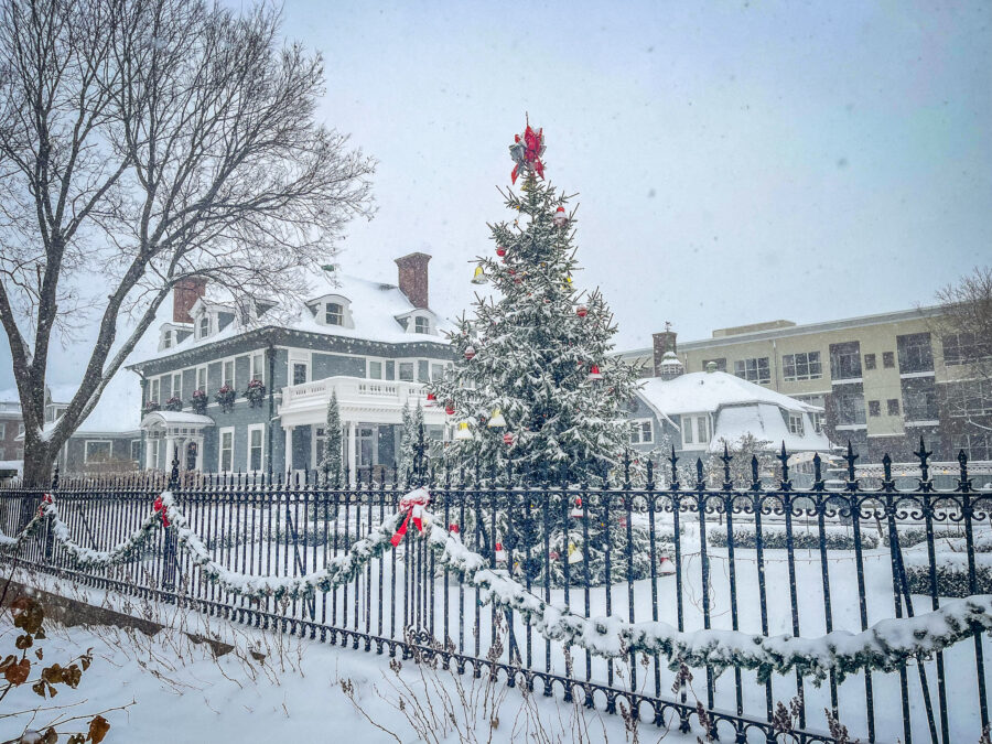 300 Clifton mansion after a snowfall, a tall decorated Christmas tree on the snowy front lawn inside the iron fence with the downtown skyline behind